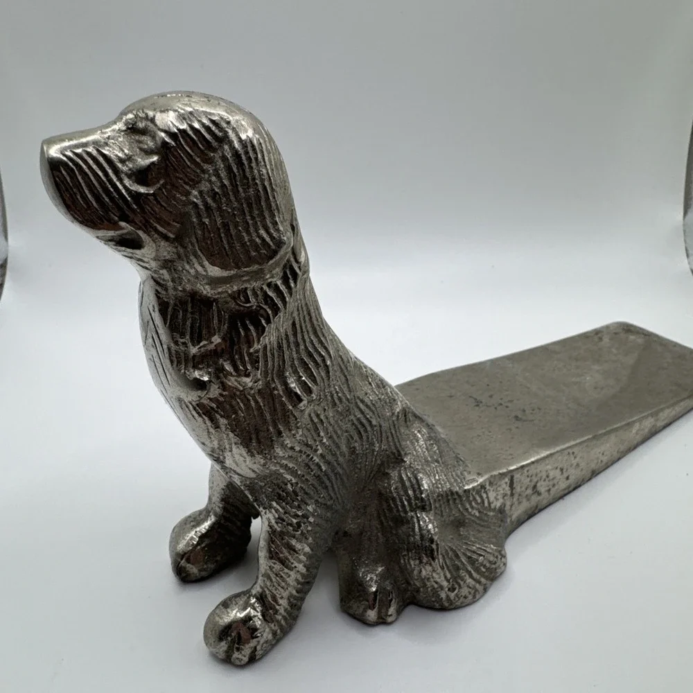 Vintage Metal Dog Doorstop Retriever Wedge Silver Tone